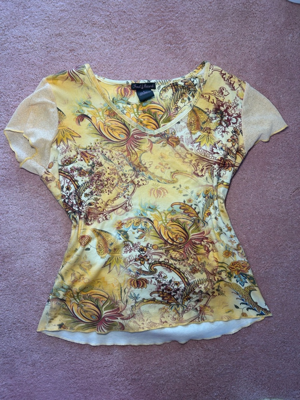 Y2K Vintage Studded Top Size Small Women's French Postcards Floral Patterned